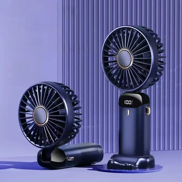 Ventilateur de poche portable bleu, rechargeable via USB, avec écran LED et socle détachable, élégant et pratique pour un usage quotidien.